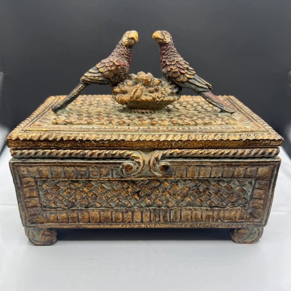 Vintage Parrot Jewelry Box Heavy Resin Footed Trinket Chest Gold Verdigris